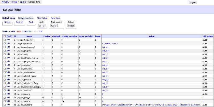 Adminer screenshot displaying the new route