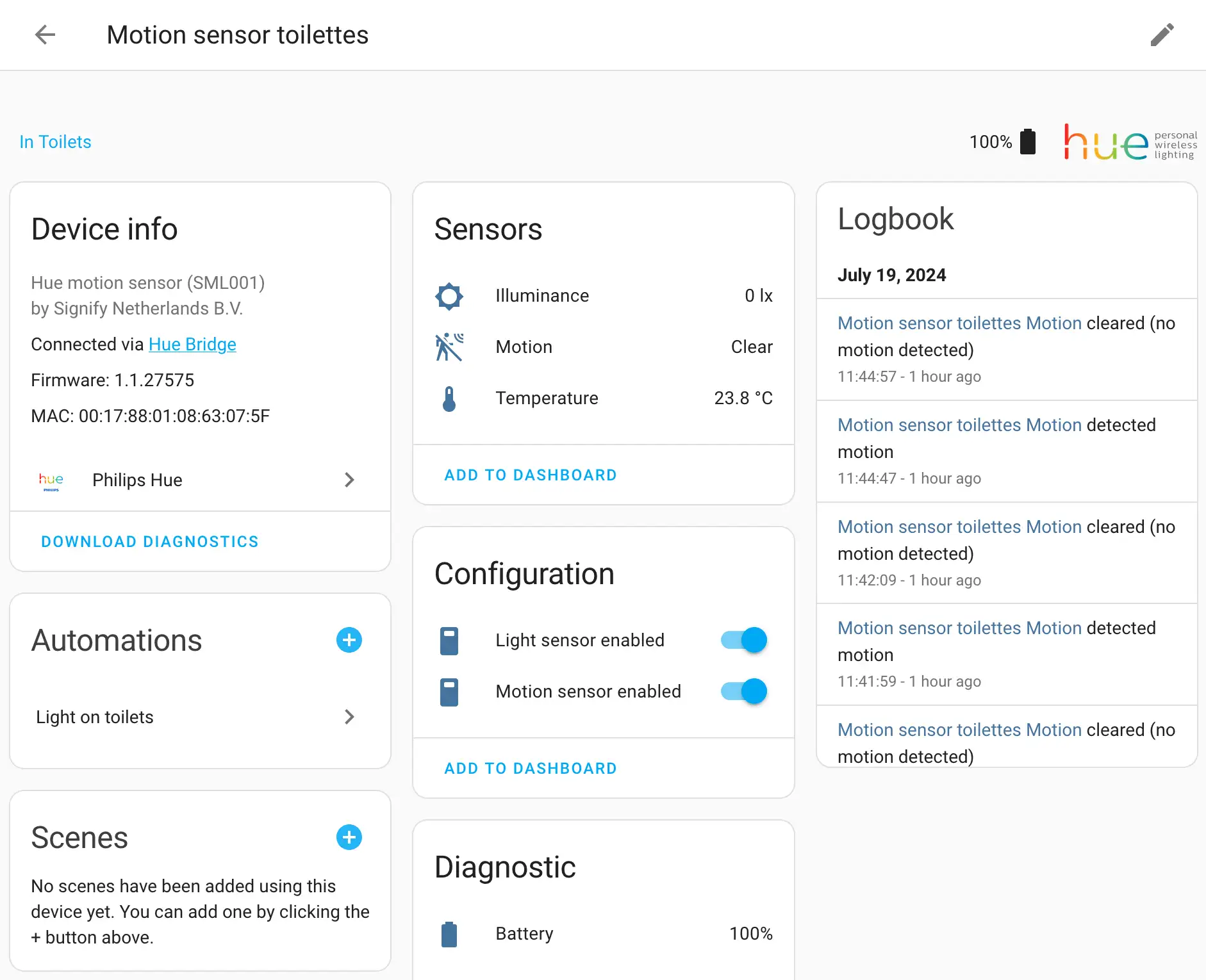 Sensors attached to the Philips Hue motion sensor device