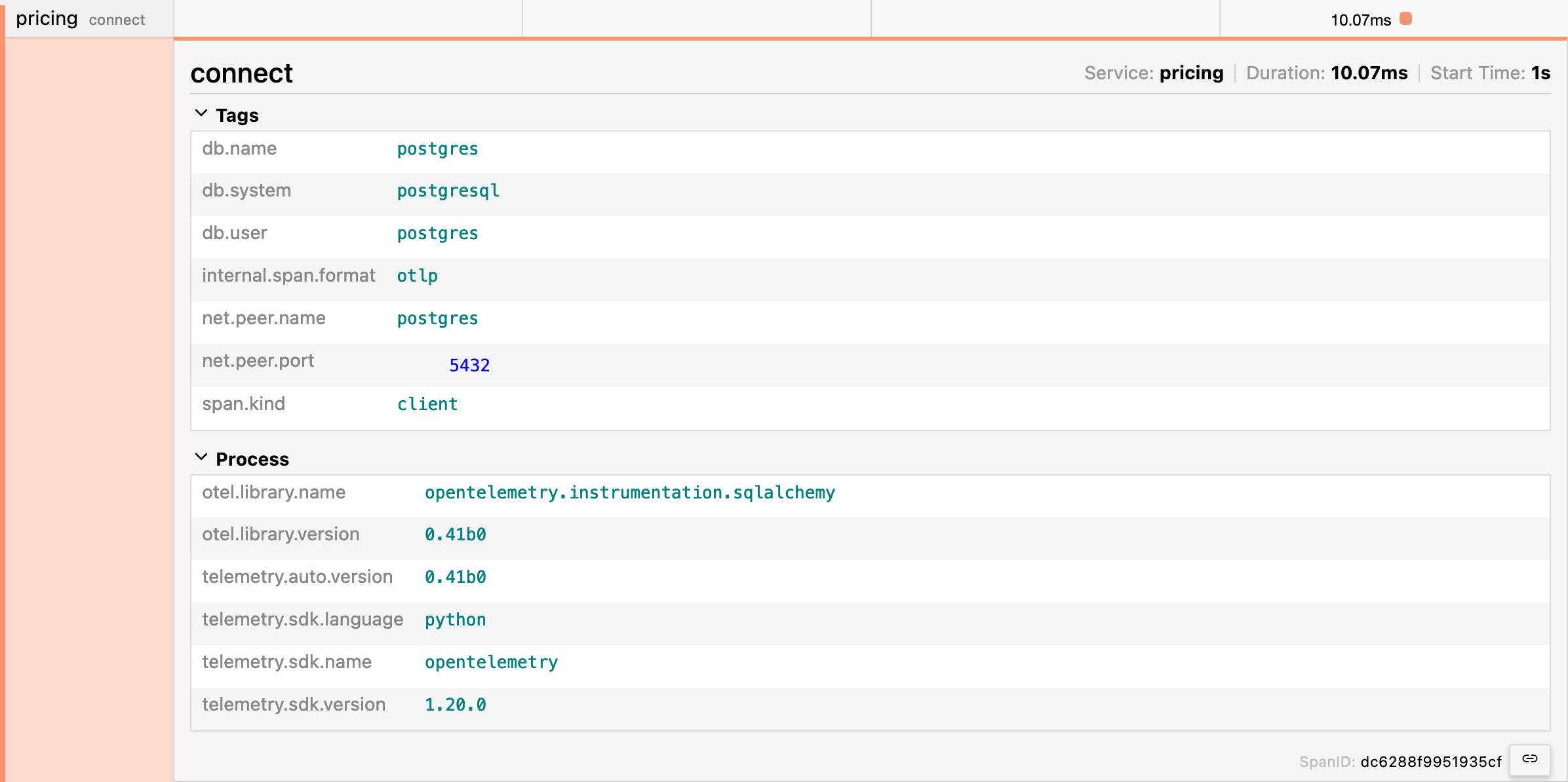 New automatically created span for database connection