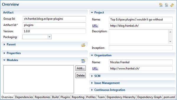 m2eclipse Overview tab